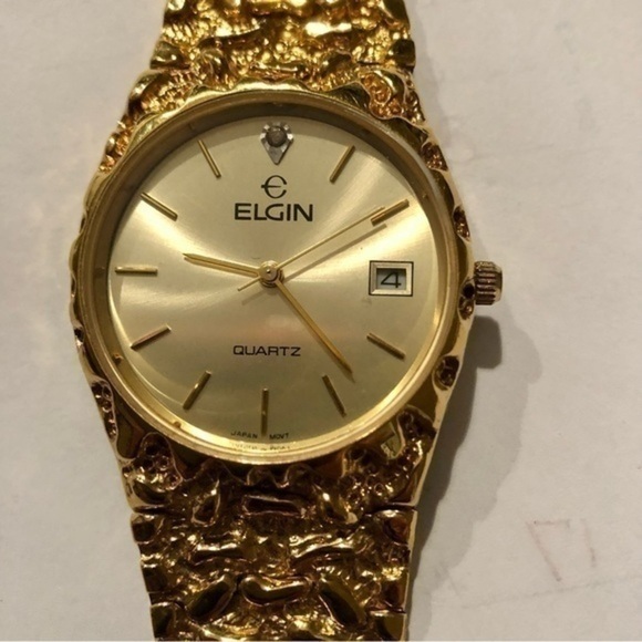 Elgin Gold Tone Nugget Watch - Not Tested - Quartz Movement With Case - Picture 2 of 6